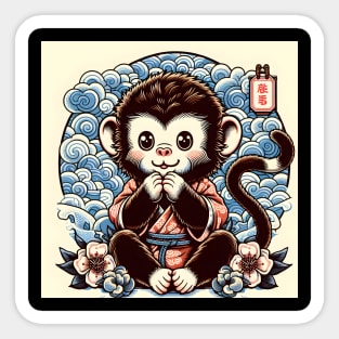 Cute Kawaii monkey king wearing a kimono with flower classic design Sticker